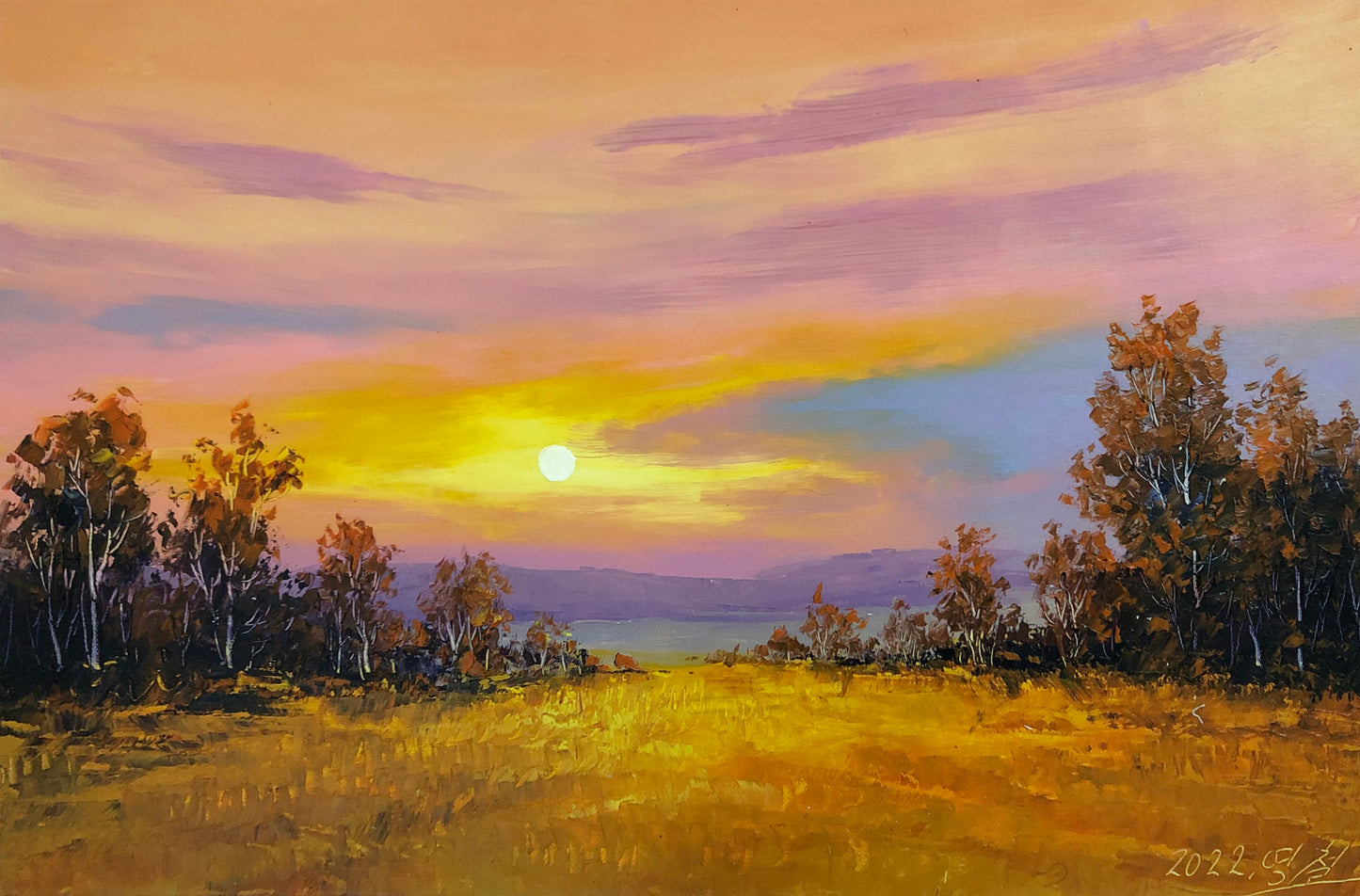 "Golden Horizon" – Original Sunset Landscape Oil Painting by Merited Artist Kim Young Chol 14912