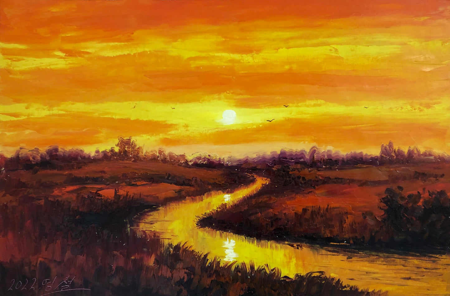 "Crimson Splendor" – Original Expressionist Sunset & River Oil Painting by Merited Artist Kim Young Chol 14913