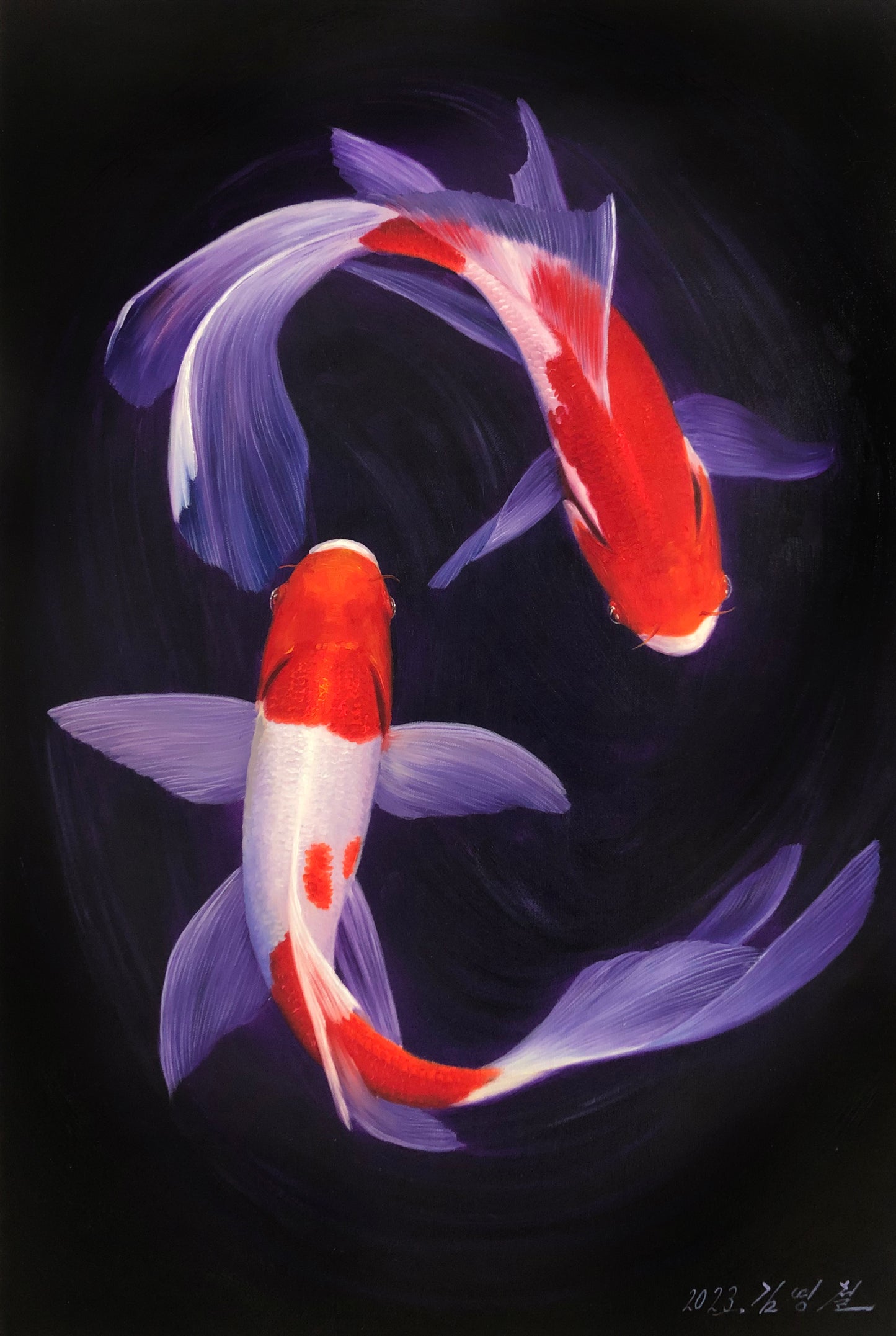 Original Oil Painting "Abundance Year After Year" by Meritorious Artist Kim Young-chul | Hand-Painted Koi Fish Wall Art 15004