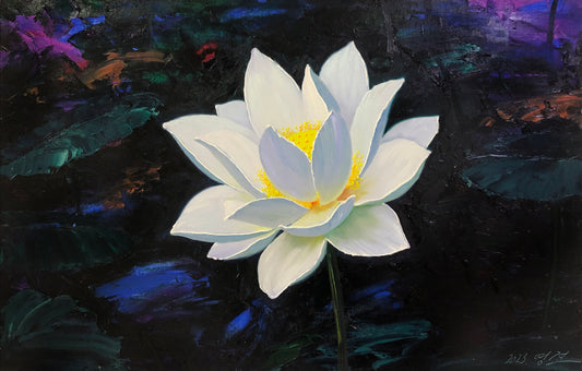 "The Sacred Awakening" - Original Floral Oil Painting by Merited Artist Kim Yeong Cheol | 71x48cm Hand-Painted Luminescent White Lotus Impasto Fine Art Canvas 15017