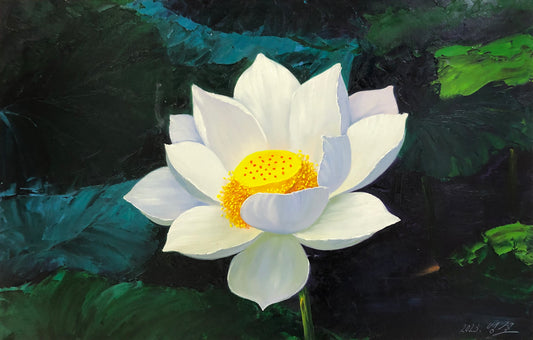 "Pure and Spotless" - Original White Lotus Flower Fine Art Oil Painting by Merited Artist Kim Yeong Cheol | 71x48cm Hand-Painted Masterpiece Canvas 15021