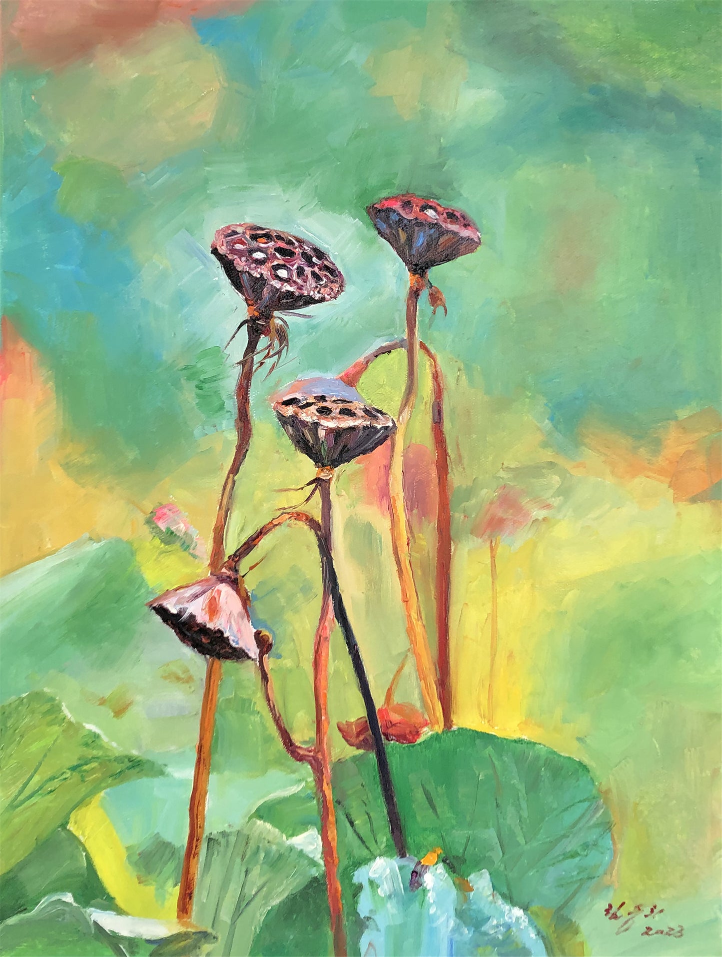 "Zen Seed Pods" – Original Impressionist Lotus Oil Painting by Master Artist Lim Shengxi 15096