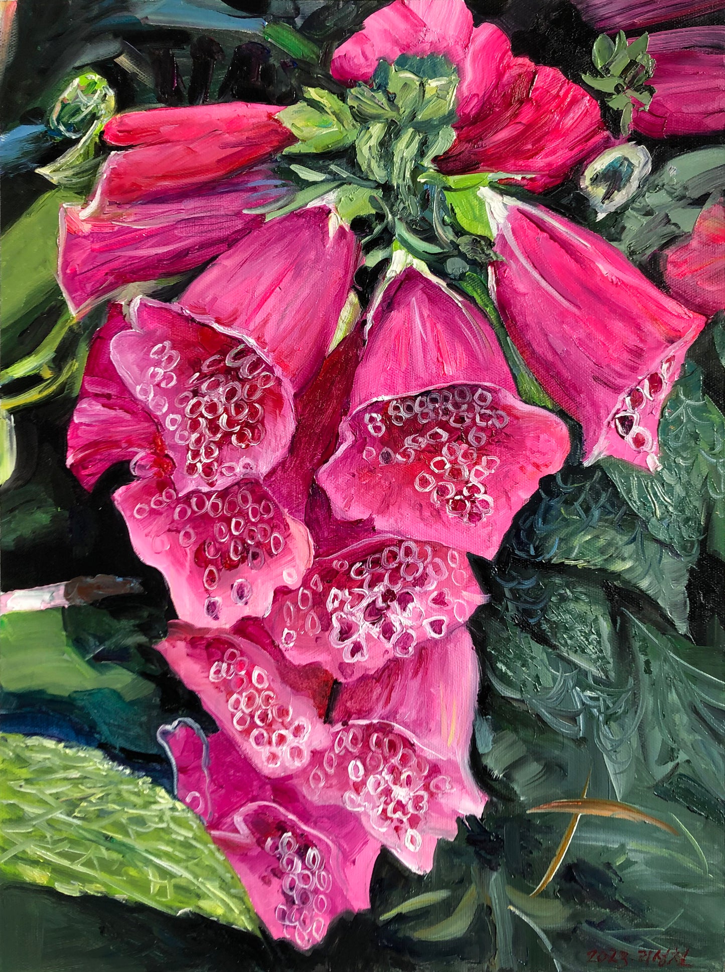 "Vibrant Cluster" – Original Realistic Foxglove Oil Painting by Master Artist Ri Seong Chol 15181