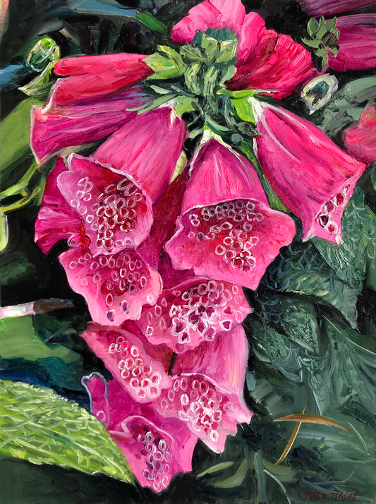 "Vibrant Cluster" – Original Realistic Foxglove Oil Painting by Master Artist Ri Seong Chol 15181