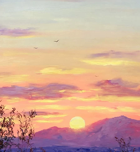 "The Purple Haze" (Auspicious Sunrise) - Original Luminous Landscape Oil Painting by Merited Artist Kim Yeong Cheol (2023) | 90x60cm Hand-Painted Pastel Lavender Sunset & Golden River Canvas 15258