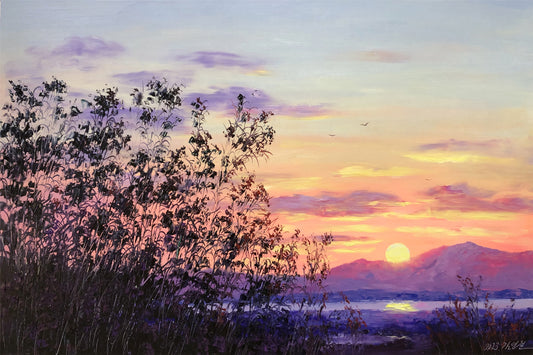 "The Purple Haze" (Auspicious Sunrise) - Original Luminous Landscape Oil Painting by Merited Artist Kim Yeong Cheol (2023) | 90x60cm Hand-Painted Pastel Lavender Sunset & Golden River Canvas 15258