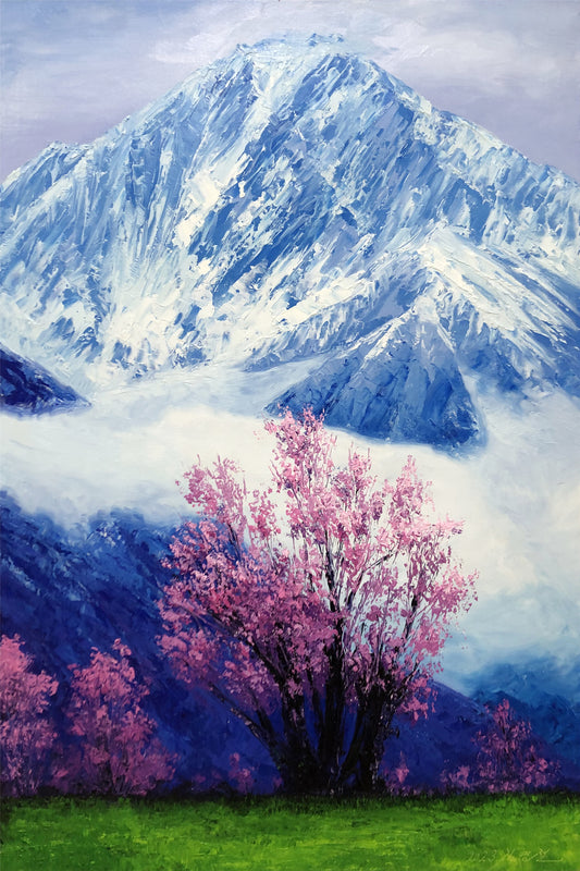 "Spring Over the Glacial Peak" - Original Majestic Landscape Oil Painting by Merited Artist Kim Yeong Cheol (2023) | 60x90cm Vertical Hand-Painted Sacred Snow Mountain & Blooming Pink Cherry Canvas 15277
