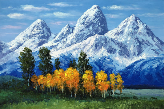 "The Sacred Mountain & Golden Forest" - Original Majestic Landscape Oil Painting by Merited Artist Kim Yeong Cheol (2023) | 90x60cm Hand-Painted Peak of Fortune & Vibrant Autumn Birch Canvas 15278