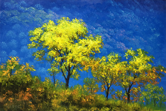 "Vibrant Greenery" - Original Modernist Heavy-Impasto Landscape Oil Painting by Merited Artist Kim Yeong Cheol (2023) | 90x60cm Hand-Painted Luminous Golden Tree & Deep Blue Mountain Canvas 15280