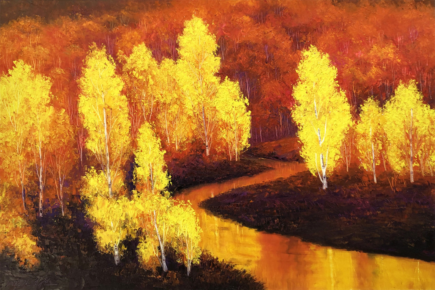 "Golden Forest Symphony" – Original Impressionist Oil Painting by Merited Artist Kim Young Chol 15315
