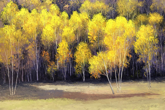 "The Golden Canopy" - Original Fine Art Birch Forest Landscape Oil Painting by Merited Artist Kim Young-chul | 90x60cm Hand-Painted Premium Canvas Masterpiece 15317