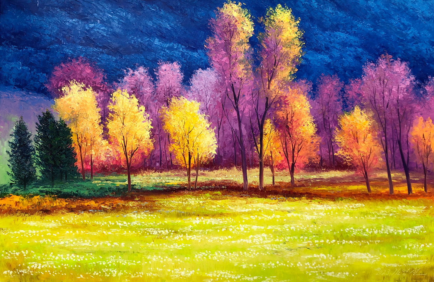 "The Symphony of Autumn Light" - Original Impressionist Vibrant Forest Landscape Oil Painting by Merited Artist Kim Young-chul | 90x60cm Hand-Painted Heavy Impasto Canvas Masterpiece 15327