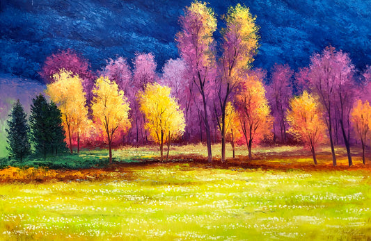 "The Symphony of Autumn Light" - Original Impressionist Vibrant Forest Landscape Oil Painting by Merited Artist Kim Young-chul | 90x60cm Hand-Painted Heavy Impasto Canvas Masterpiece 15327