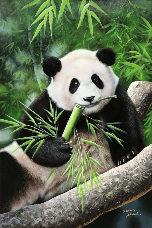 "The Zen of Bamboo" – Original Hyper-Realistic Giant Panda Oil Painting by Master Artist Ji Chol Rim 15336