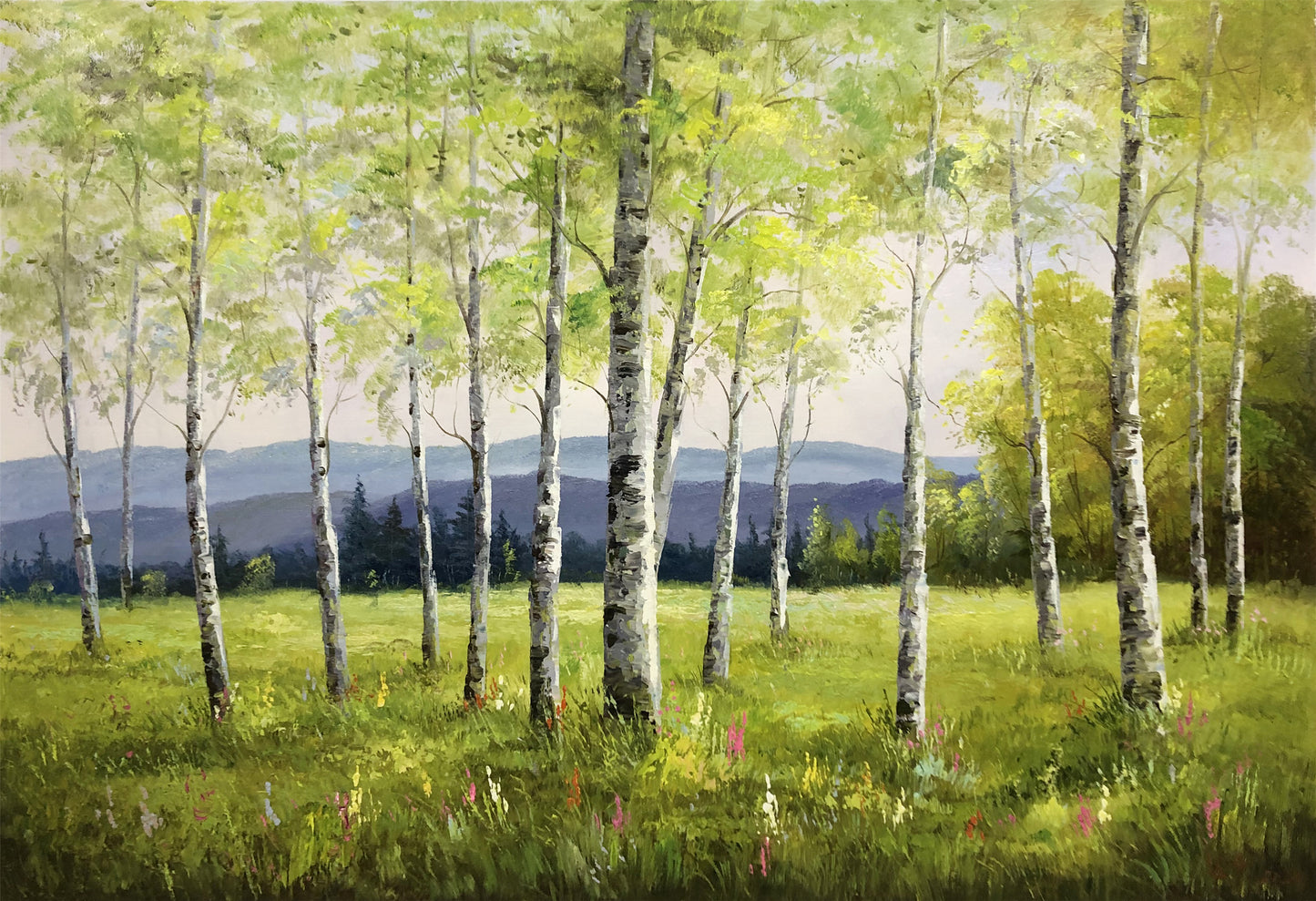 Original Oil Painting "Serene Birch Forest" by Nam Su (Grade 1 Artist) | 92x64cm Vibrant Woodland Landscape 15394
