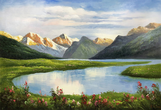 "Golden Peak & Mirror Lake" – Original Majestic Landscape Oil Painting by Master Artist Nam Su 15397