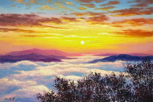 "Soaring Beyond the Gilded Horizon" - Original Landscape Oil Painting by Merited Artist Kim Yeong Cheol | 90x60cm Hand-Painted Sunburst & Majestic Mountain Cloud Ocean Canvas 15418
