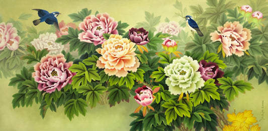 "The Royal Banquet of Peonies & Songbirds" - Monumental Original Realism Oil Painting by First-Class Artist Cho Ye Jin | 122x61cm Hand-Painted Peony Flowers & Sapphire Blue Birds Canvas 15439
