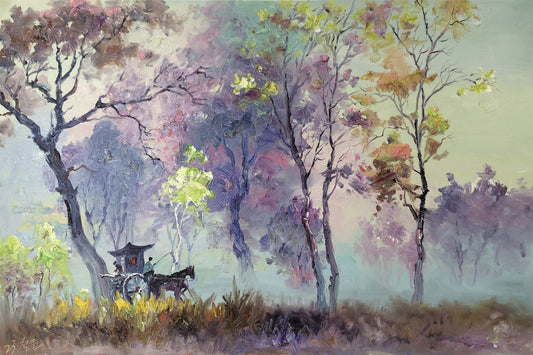 "Journey Through the Lavender Mist" - Original Impressionist Landscape Oil Painting by First-Class Artist Kim Cheol Jun | 90x60cm Hand-Painted Vintage Carriage & Radiant Dream Forest Canvas 15455