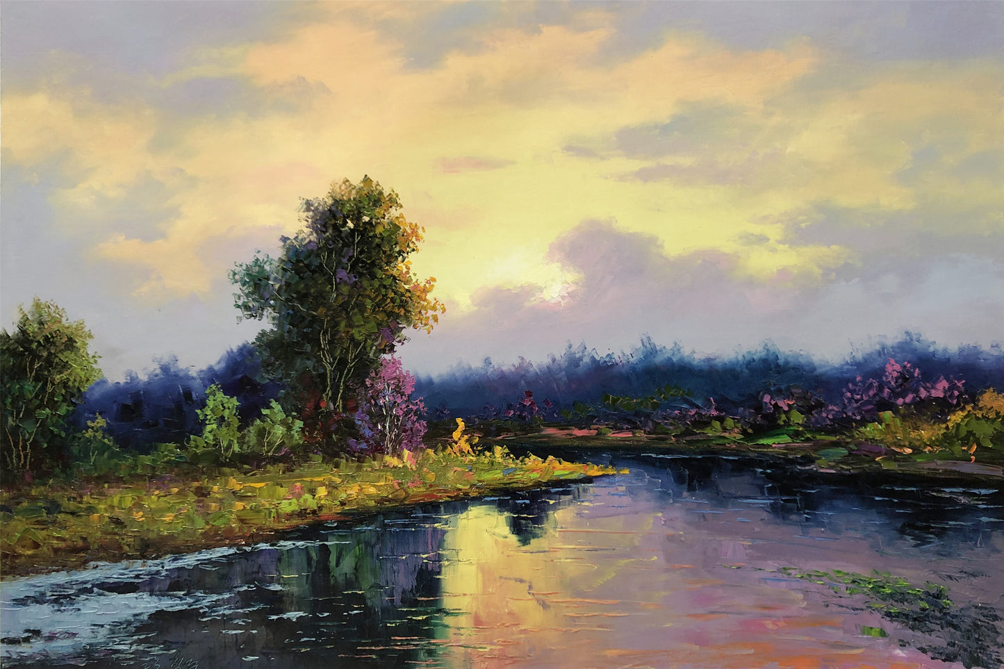 "Shimmering Twilight" – Original Impressionist Water Landscape Oil Painting by Master Kim Chol Jun 15469