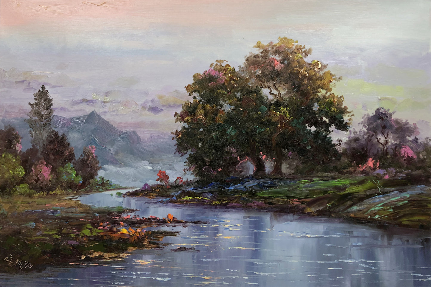 "Lakeside Reflections" – Original Impressionist Realism Oil Painting by Master Kim Chol Jun 15475