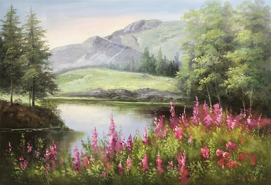 "Lush Forest & Blooming Meadow" - Original Serene Alpine Lake Landscape Oil Painting by First-Class Artist Nam Su | 91x64cm Hand-Painted Fine Art Canvas 15546