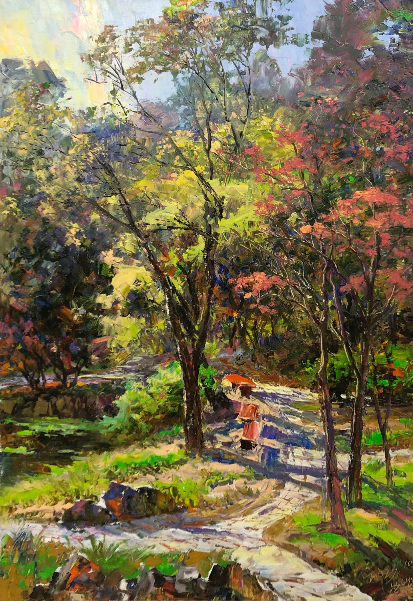 "Afternoon in the Park" – Original Impressionist Landscape Oil Painting by Master Artist Li Changfan 15554