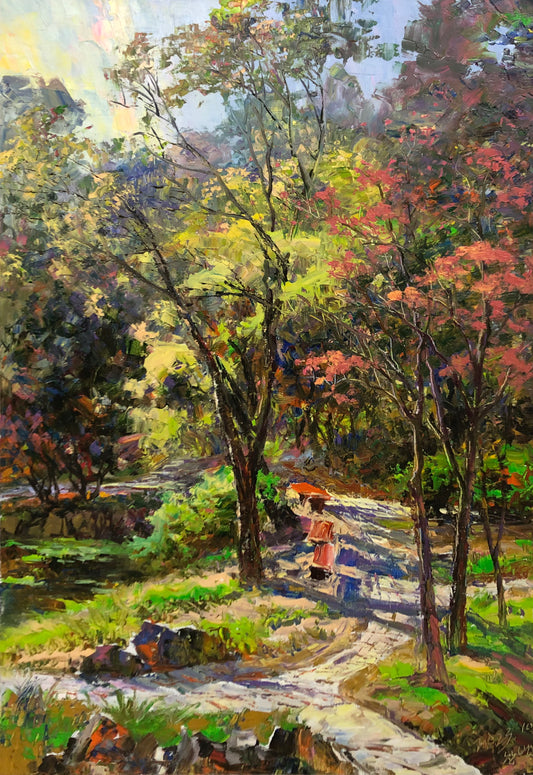"Afternoon in the Park" – Original Impressionist Landscape Oil Painting by Master Artist Li Changfan 15554