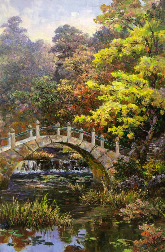 "The Serene Bridge" – Original Realistic Garden Landscape Oil Painting by Master Artist Li Changfan 15555