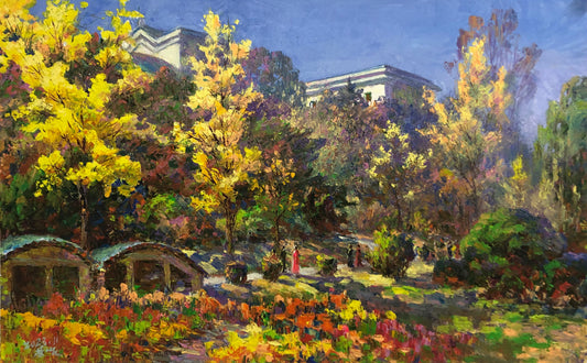 "Golden Park Solitude" – Original Impressionist Landscape Oil Painting by Master Artist Li Changfan 15556