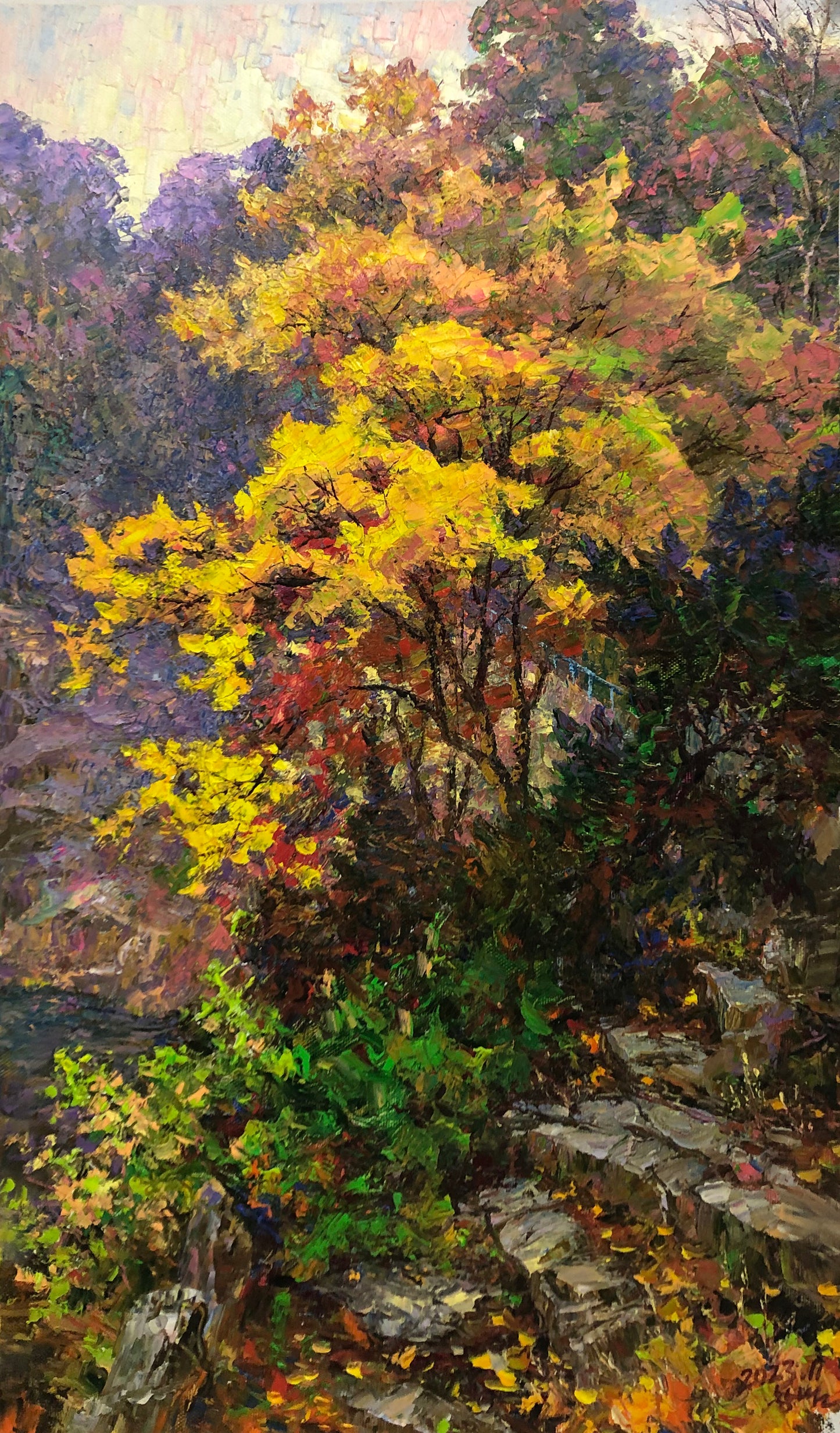 "Between the Mountains" – Original Impressionist Forest Landscape Oil Painting by Master Li Changfan 15564