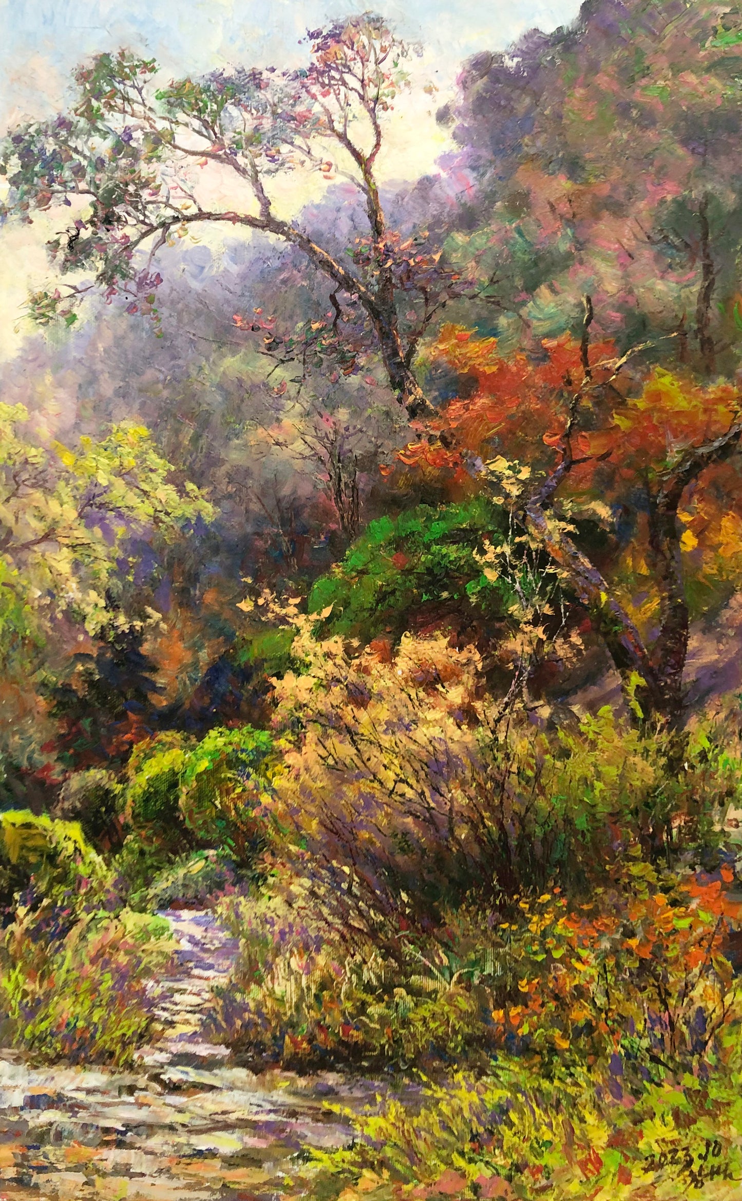 "The Autumnal Trail" – Original Impressionist Forest Landscape Oil Painting by Master Li Changfan 15569