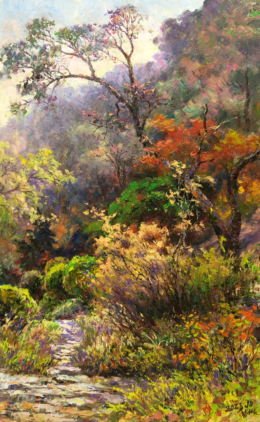 "The Autumnal Trail" – Original Impressionist Forest Landscape Oil Painting by Master Li Changfan 15569