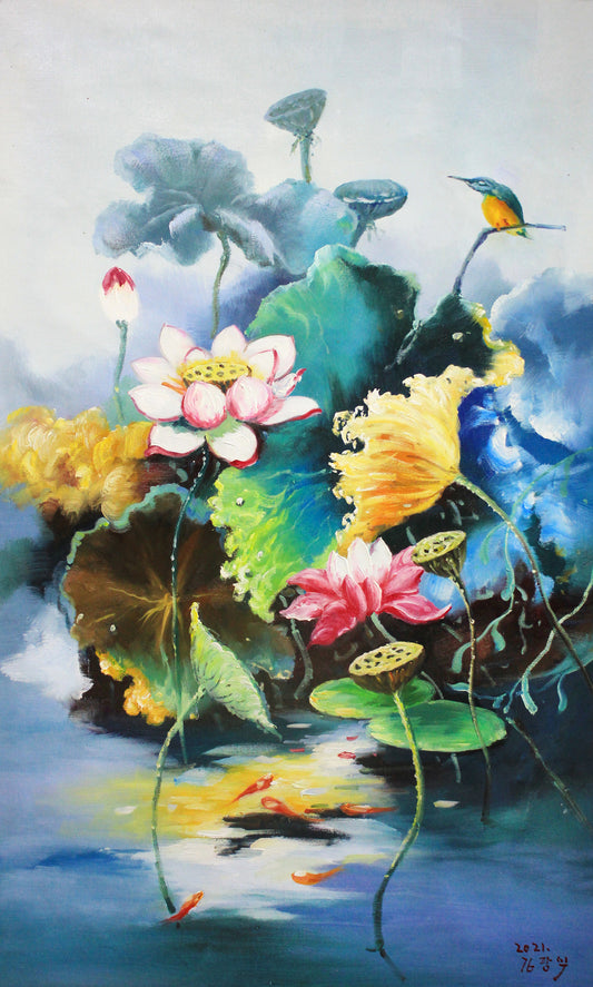 Original Oil Painting "Lotus Pond" by First-Class Painter Kim Kwang Sik – Collectible Hand-Painted Floral & Wildlife Art 1556