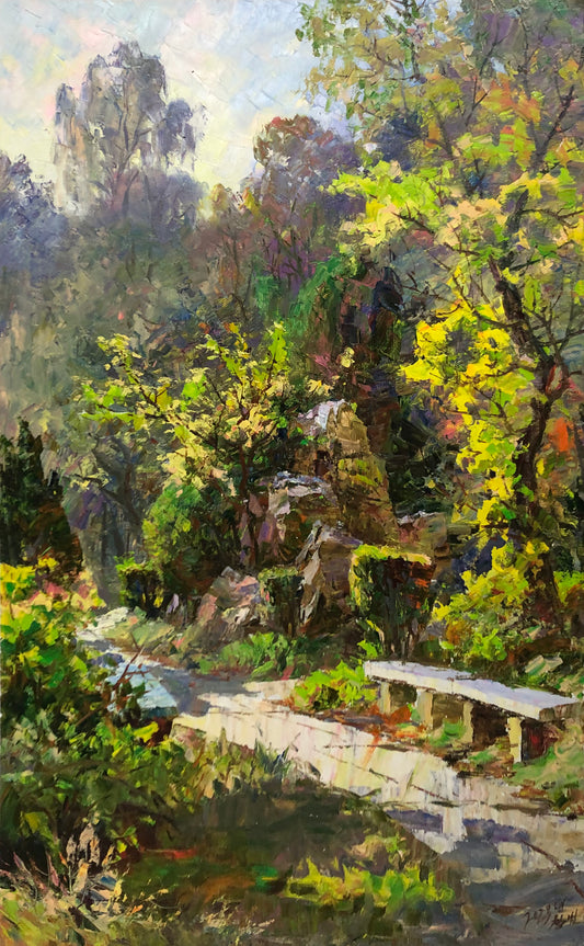 "The Quiet Pathway" – Original Realistic Garden Landscape Oil Painting by Master Artist Li Changfan  15571