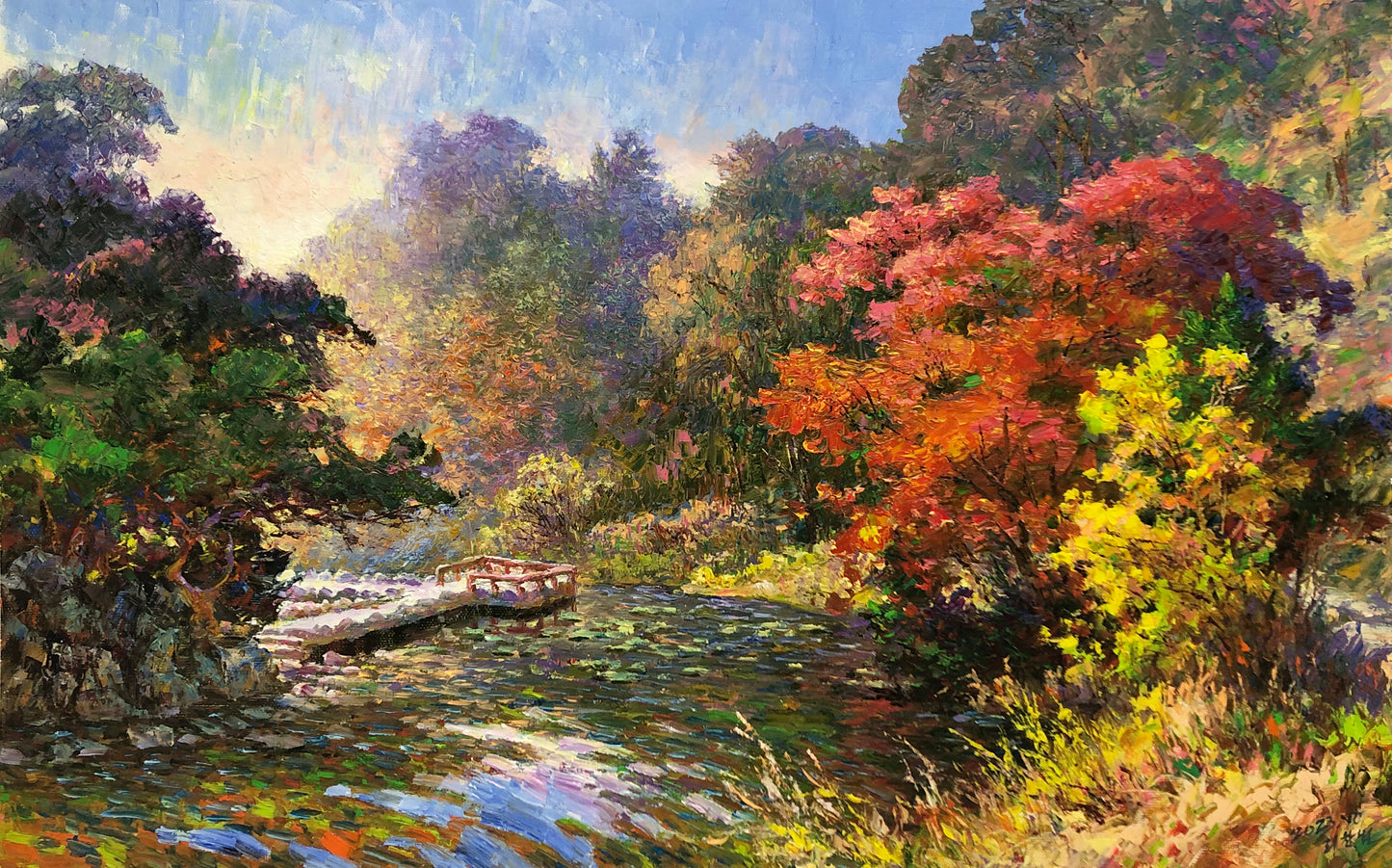 "Autumn Reflections by the Lake" – Original Impressionist Realistic Oil Painting by Master Li Changfan 15581