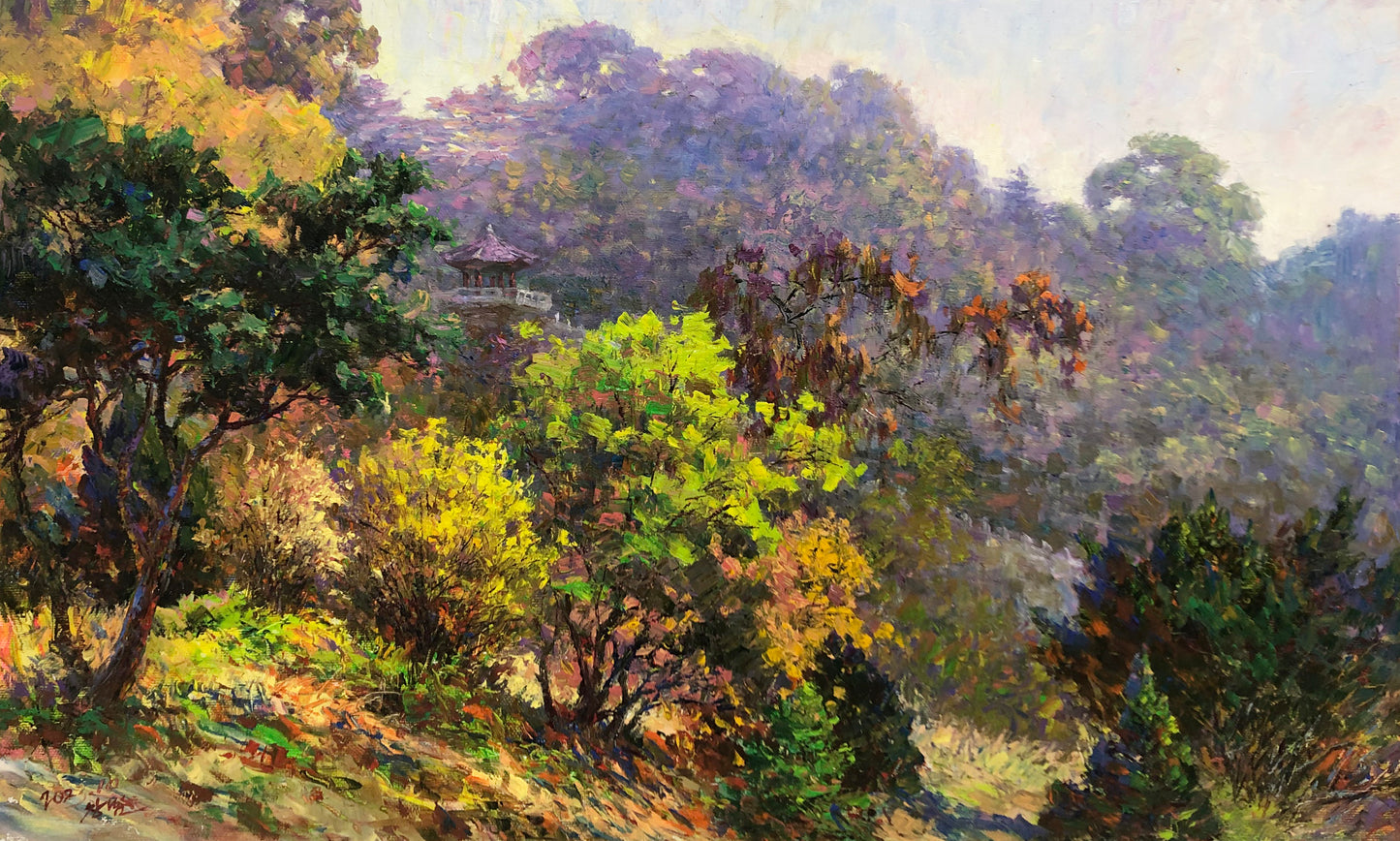 "The Hidden Pavilion" – Original Realistic Forest Landscape Oil Painting by Master Artist Li Changfan 15583