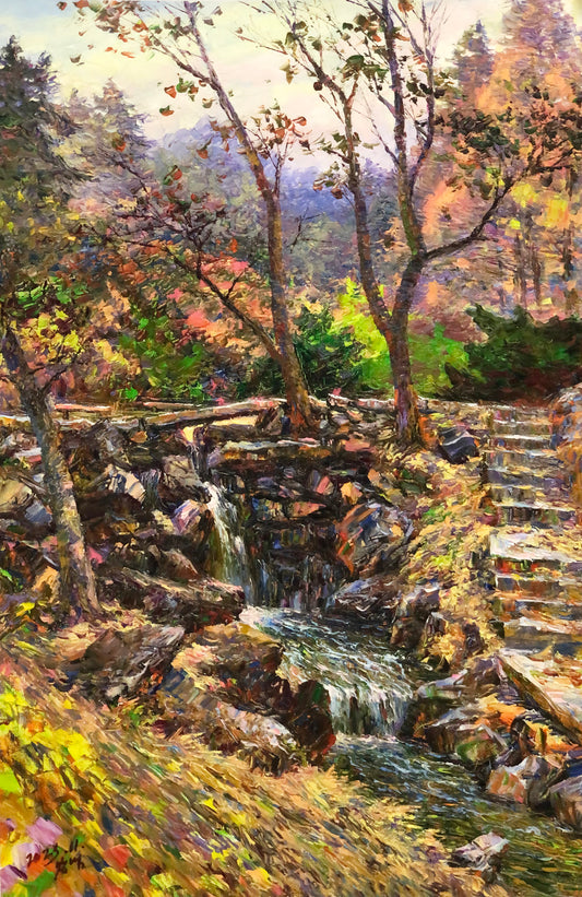 "Autumn Cascade" – Original Realistic Forest Creek Oil Painting by Master Artist Li Changfan 15594
