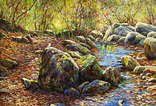 Original Oil Painting "Forest Stream in Autumn" – Landscape Artwork with Bird and Stream 15614