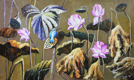 "Spirit of the Lotus Pond" – Original Expressionist Oil Painting by Master Artist Wen He