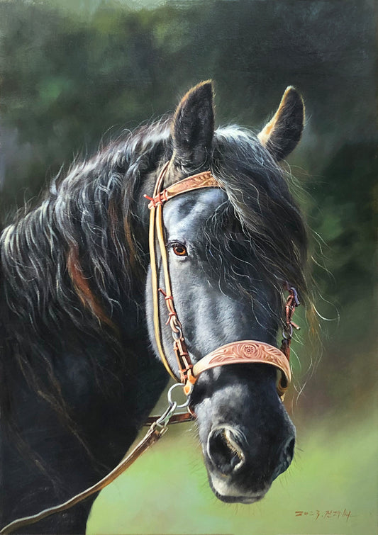 "The Sovereign Noir" - Original Hyper-Realistic Stallion Portrait Oil Painting by First-Class Artist Jin Rye Hae | 71x101cm Hand-Painted Black Horse Majesty Canvas 15948