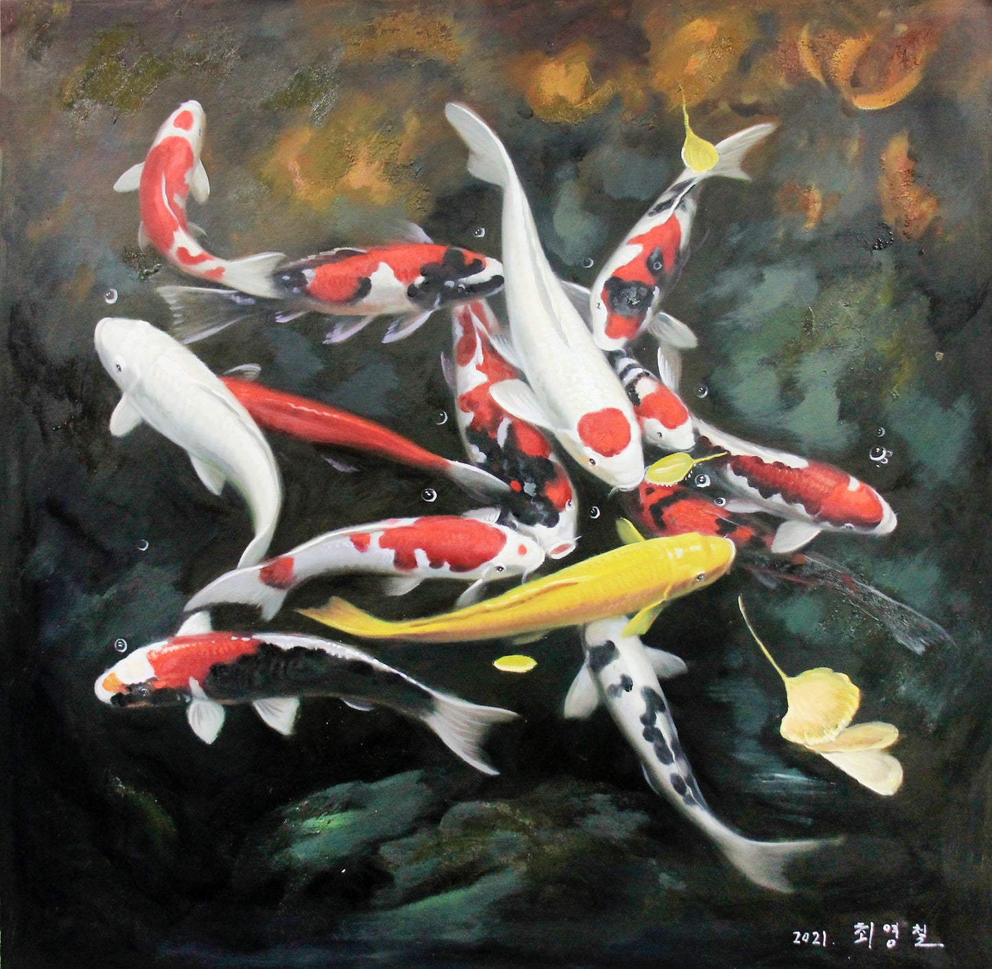 "Golden Fortune" – Original Realistic Koi Fish Oil Painting by Master Artist Choi Young Chol 1650