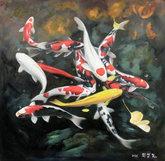 "Golden Fortune" – Original Realistic Koi Fish Oil Painting by Master Artist Choi Young Chol 1650