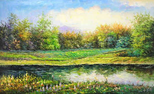 Original Oil Painting "Vibrant Spring" by DPRK First-Class Painter Song Young Hae – Collectible Hand-Painted Spring Landscape Art 1751