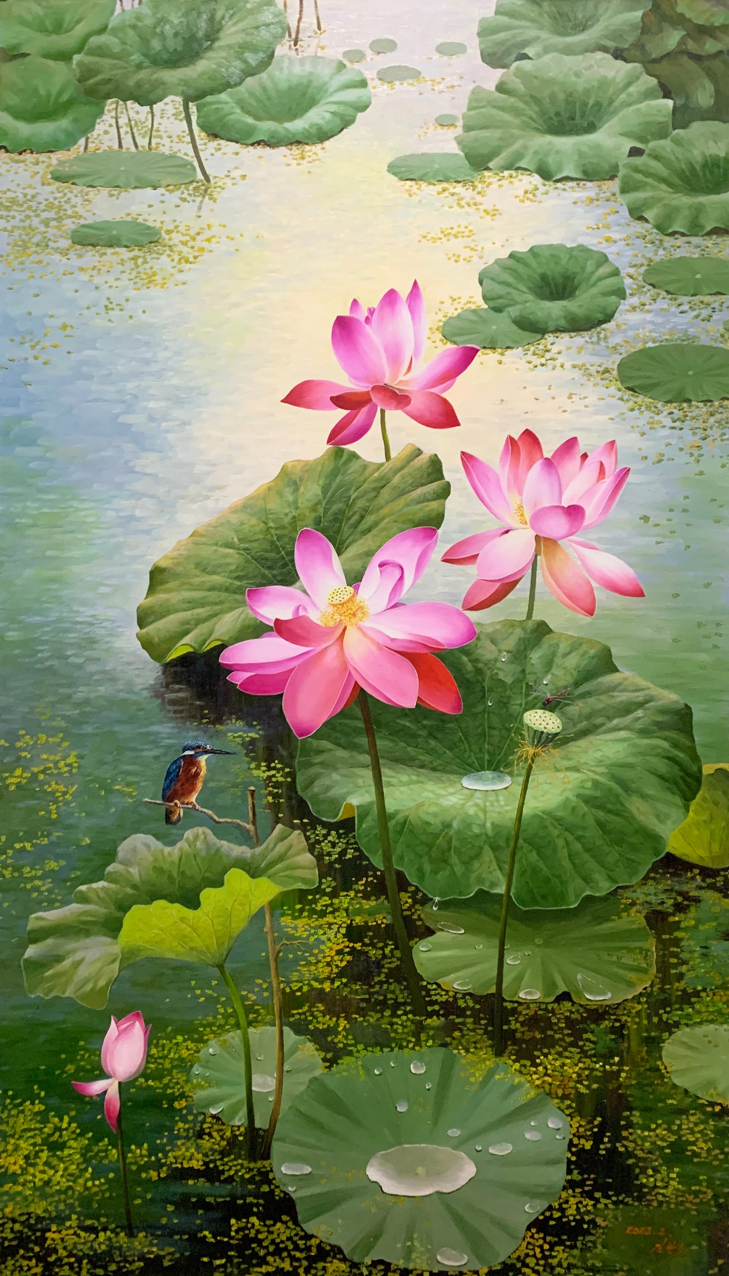 Original Oil Painting "Lotus Pond with Kingfisher" by First-Class Painter – Collectible Hand-Painted Floral & Wildlife Art 17673