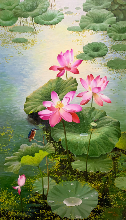 Original Oil Painting "Lotus Pond with Kingfisher" by First-Class Painter – Collectible Hand-Painted Floral & Wildlife Art 17673