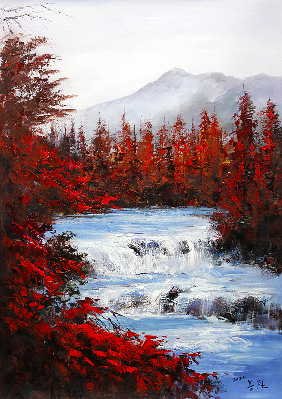 "Crimson Forest & Rushing Stream" – Original Impressionist Oil Painting by Master Artist Hong Chol 1840