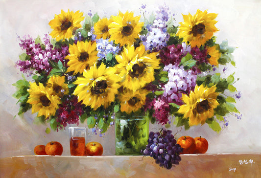 Original Oil Painting "Vase with Sunflowers" by DPRK First-Class Painter Fang Sunhee – Collectible Hand-Painted Still Life Art 1851