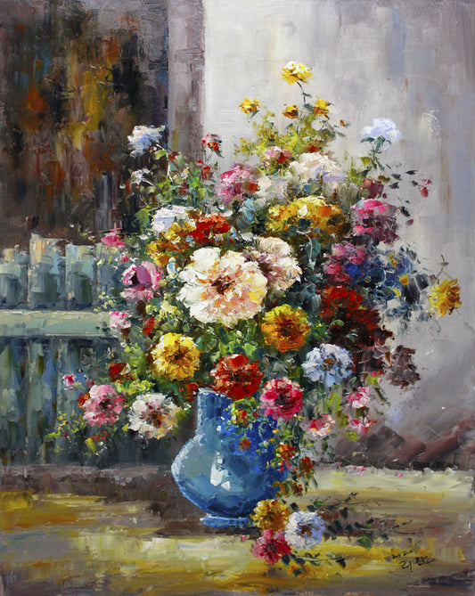 Vase of Flowers Oil Painting by Ri Hwan | Original Impressionist Floral Still Life 1866