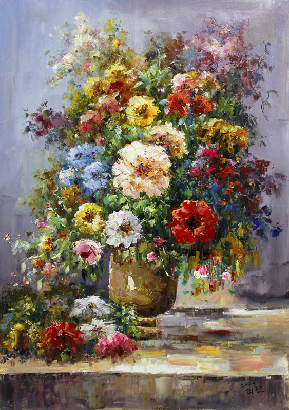 Original Oil Painting "Vase of Mixed Flowers" by First-Class Painter Li Huan – Collectible Hand-Painted Floral Still Life Art 1867
